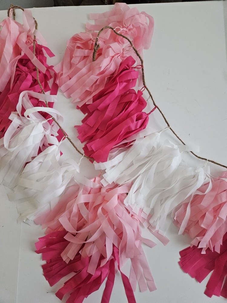 Two Hot Pink And White Paper Tassel Garland Banners Pink Fringe 36 Inches Each