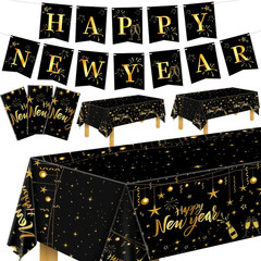 Happy New Year Banner and 3 Pcs Gold and Black Table Cover 2026 New Years Eve Pa