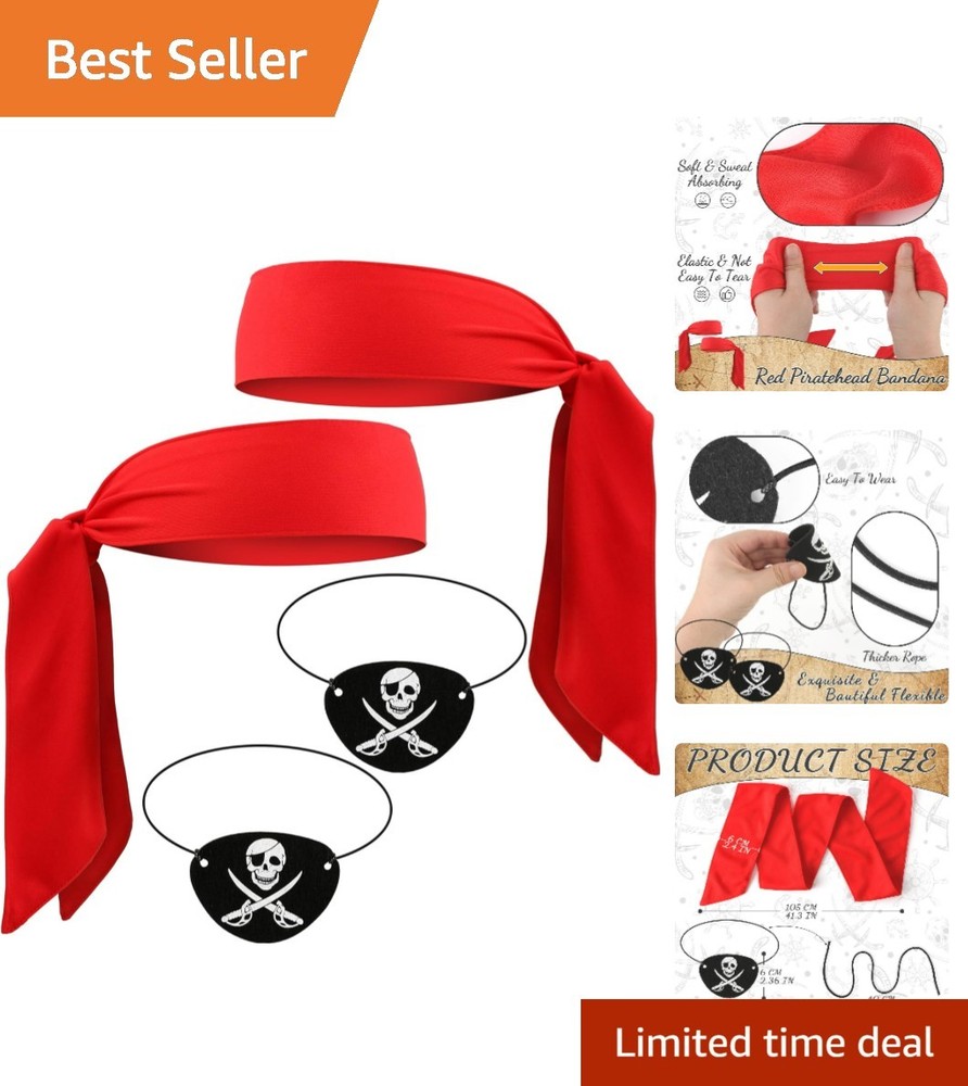 Comfortable Halloween Pirate Costume Set – 2 Red Headbands & 2 Black Eye Patches