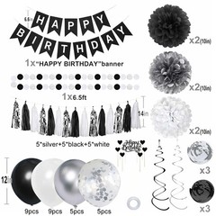 Birthday Decorations for Men, Black and Silver Party Decorations, Black and W…