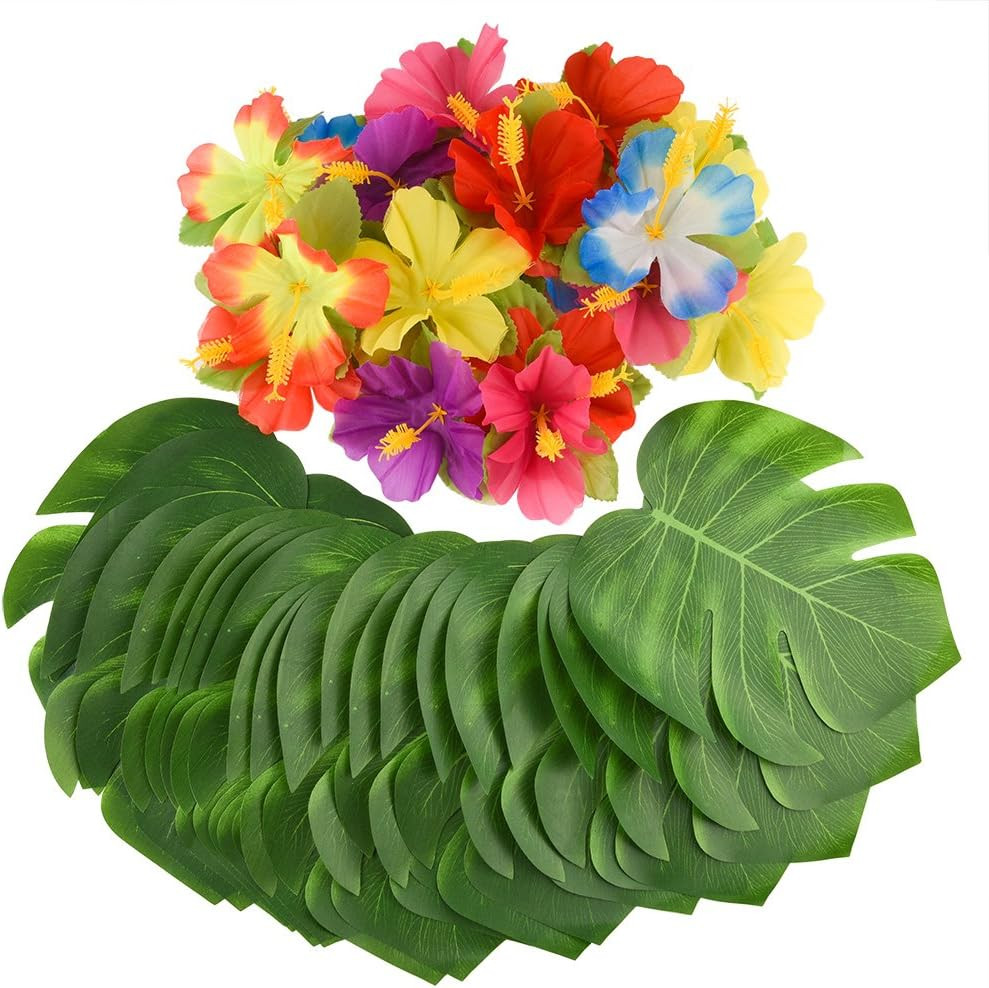 60 Pcs Tropical Party Decoration Supplies 8″ Palmtera Hibiscus Leaves and Flower