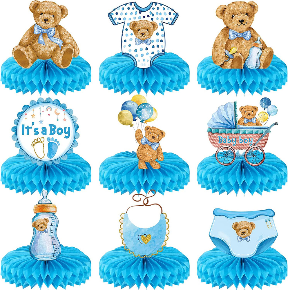 9 Pcs Teddy Bear Honeycomb Centerpieces Its a Boy Baby Shower Table Decorati