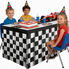 Race Car Metallic Foil Tinsel Fringe Table Skirt Birthday Party Decorations, 2 P