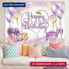 Purple Gold Happy Birthday Banner Backdrop Pink Purple Sign Birthday Decorations
