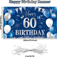 60Th Birthday Banner Backdrophappy 60Th Birthday Decorationsblue Silver Fabri…