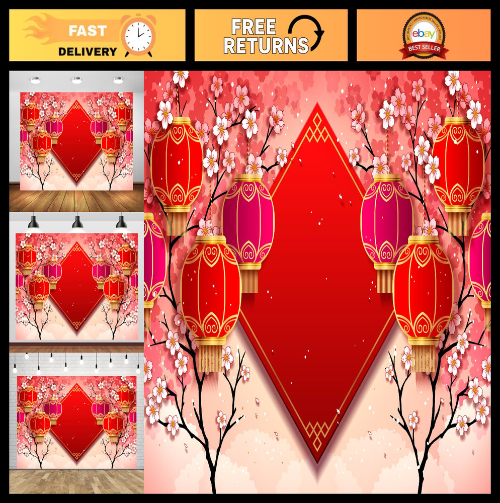 8x6ft Chinese New Year Backdrop – Red Lanterns, Cherry Blossoms, Spring Festival