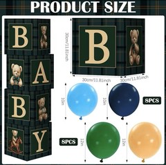 Baby shower decoration, green and blue tartan balloons, baby shower boxes