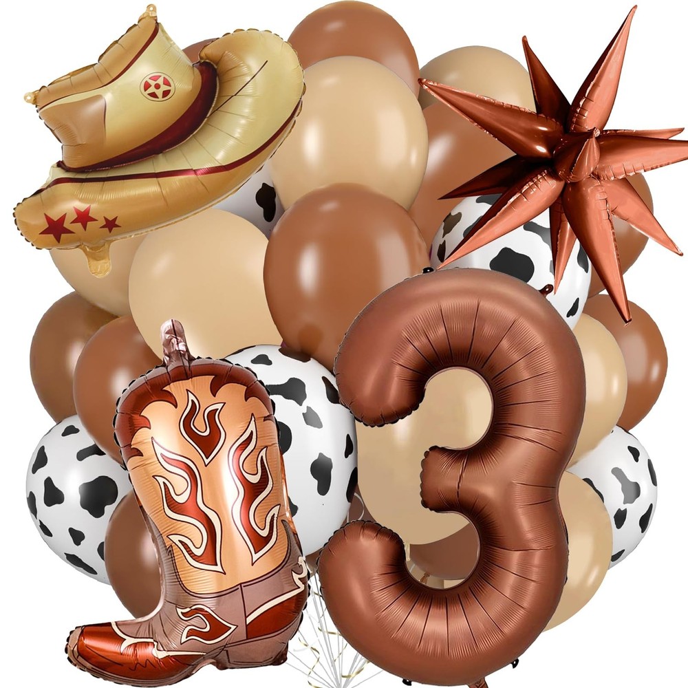 Western Cowboy Party Decorations, 40 Inch Foil Brown Number 3 Balloons, Latex…