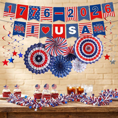 30pc Patriotic Party Decoration Set, Red White & Blue Paper Fans & Banners
