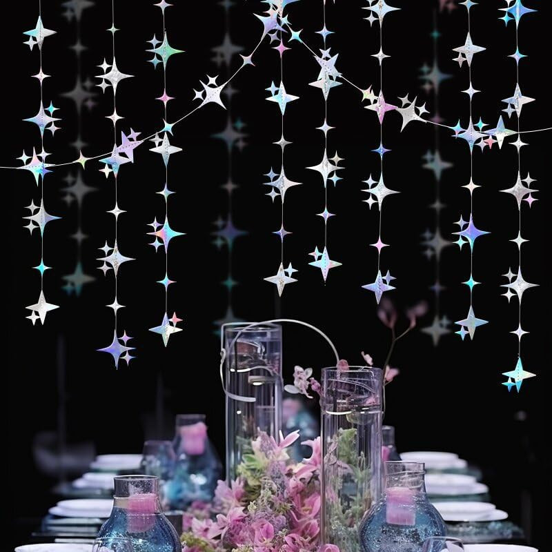 Glitter Iridescent Four-Angle Star Paper Garland Banner Décor 40 Feet Iridescent