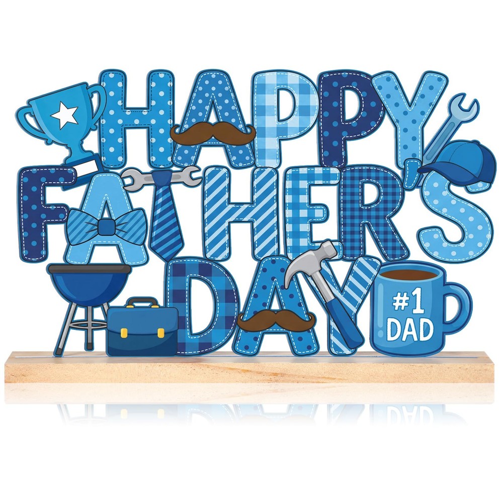 Metal Happy Father’s Day Tabletop Sign Decoration Wooden Base Centerpiece