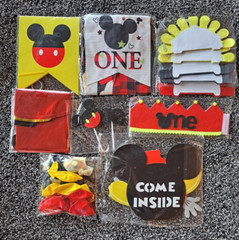 1st Birthday Cartoon Mouse Decorations – Banners, Balloons, Door Hanger, Crown..