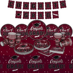 Disposable Maroon Graduation Tableware Set – Plates, Napkins, and Banners for 25