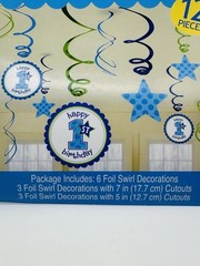 New First 1st Birthday Foil Swirl Decorations Blue Boy Polka Dots 12 Pieces