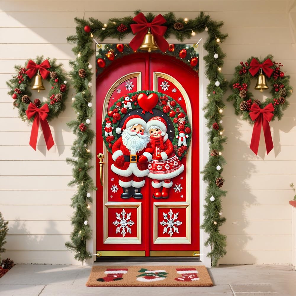 2D flat festive door bannerSanta Couple Door Decorations Holiday Indoor Outdo…