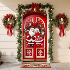 2D flat festive door bannerSanta Couple Door Decorations Holiday Indoor Outdo…