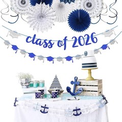 Navy-Blue Silver Party-Decorations Graduation Banner-Streamers 18 Pcs Kits Class