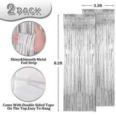 2 Pack Silver Foil Fringe Backdrop Curtains, Tinsel Streamers, Party Decor