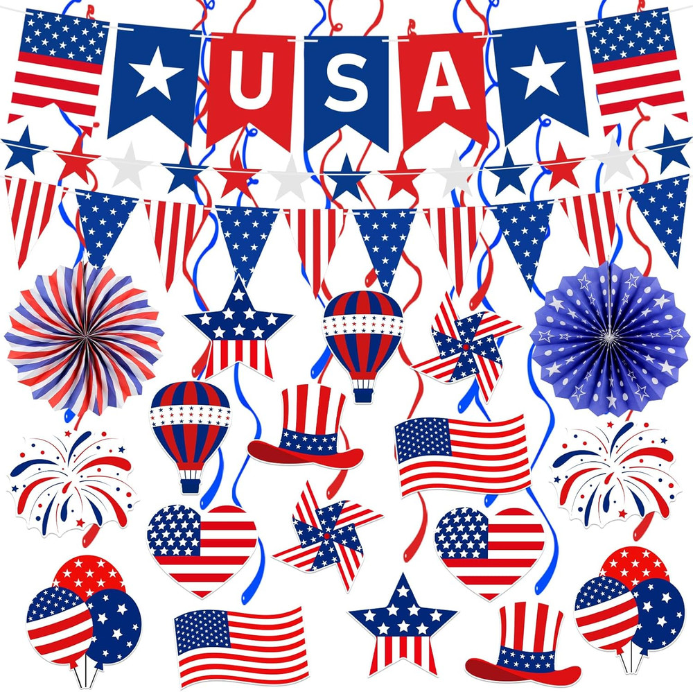 37 Pcs Patriotic Decorations Set Red White Blue Party Banner Fans Swirl Kit SetS
