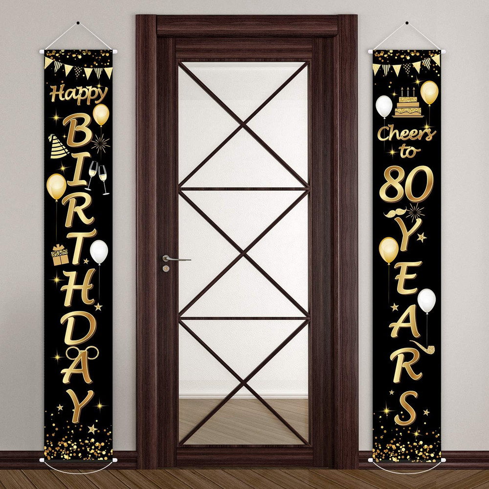 2 Pcs 80Th Birthday Banner Decorations for Men Women, Black Gold Happy 80Th Birt