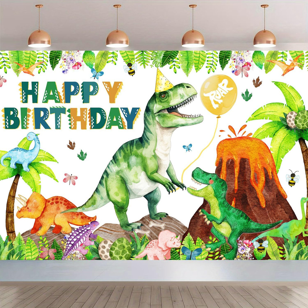 Dinosaur Birthday Backdrop Banner Roar Dino Happy Birthday Jungle Leaves T-Rex D