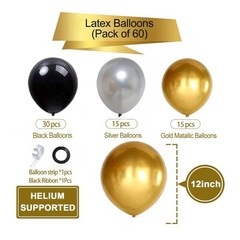 Black Gold Silver Balloons Set, 60 Pcs 12 Inch Metallic Chrome Gold Silver Ba…