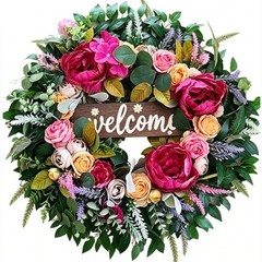 60cm Rustic Floral Wreath with Peony Rose Hydrangea for Front Door Decoration