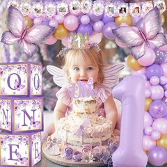 138pcs Purple Butterfly Birthday Decorations for Girl, 1st Birthday Decorations
