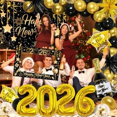 2026 New Year’s Eve Decorations – Black & Gold Balloons, Banner, Photo Props & C