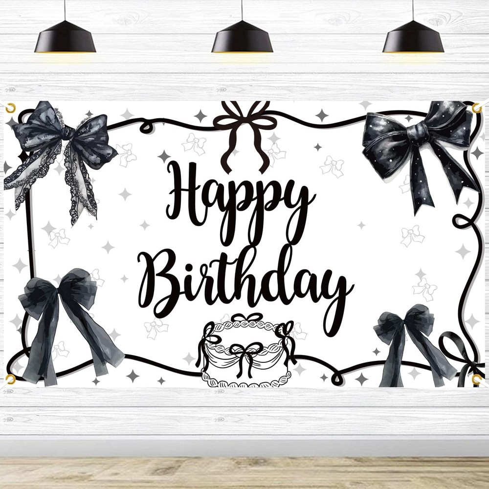 Coquette Black Bow Happy Birthday Backdrop Girls Women Photography 5.9×3.6 Ft