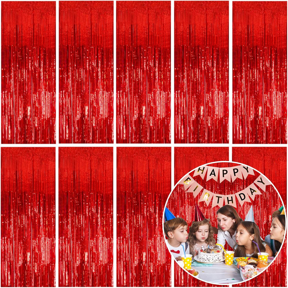 10 Pack Foil Curtain Backdrop Red Metallic Tinsel Foil Fringe Curtains Photo Boo