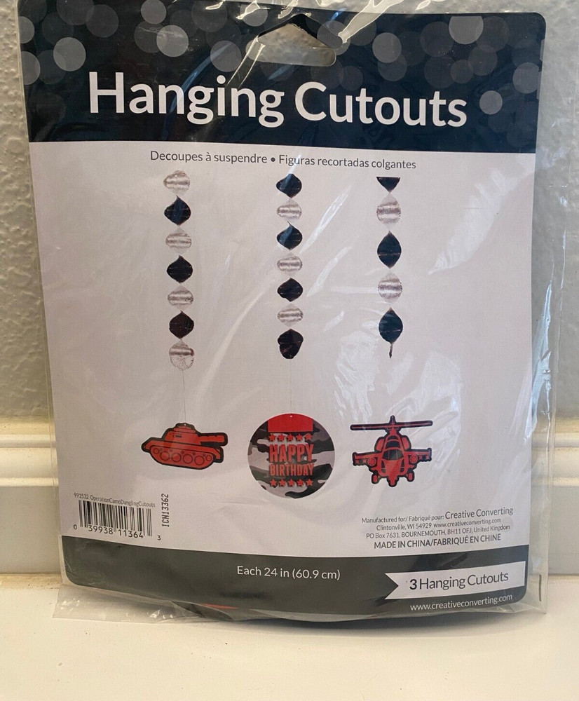 «Operation Camo» Dangling Hanging Cutouts Army Military Swirls 3ct, 24″ each
