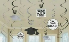GRADUATION HANGING SWIRLS Party Decorations WHITE Congrats Grad Cap 12 Piece