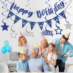 Blue Silver Birthday Decorations for Men Women, Happy Birthday Banner Hanging