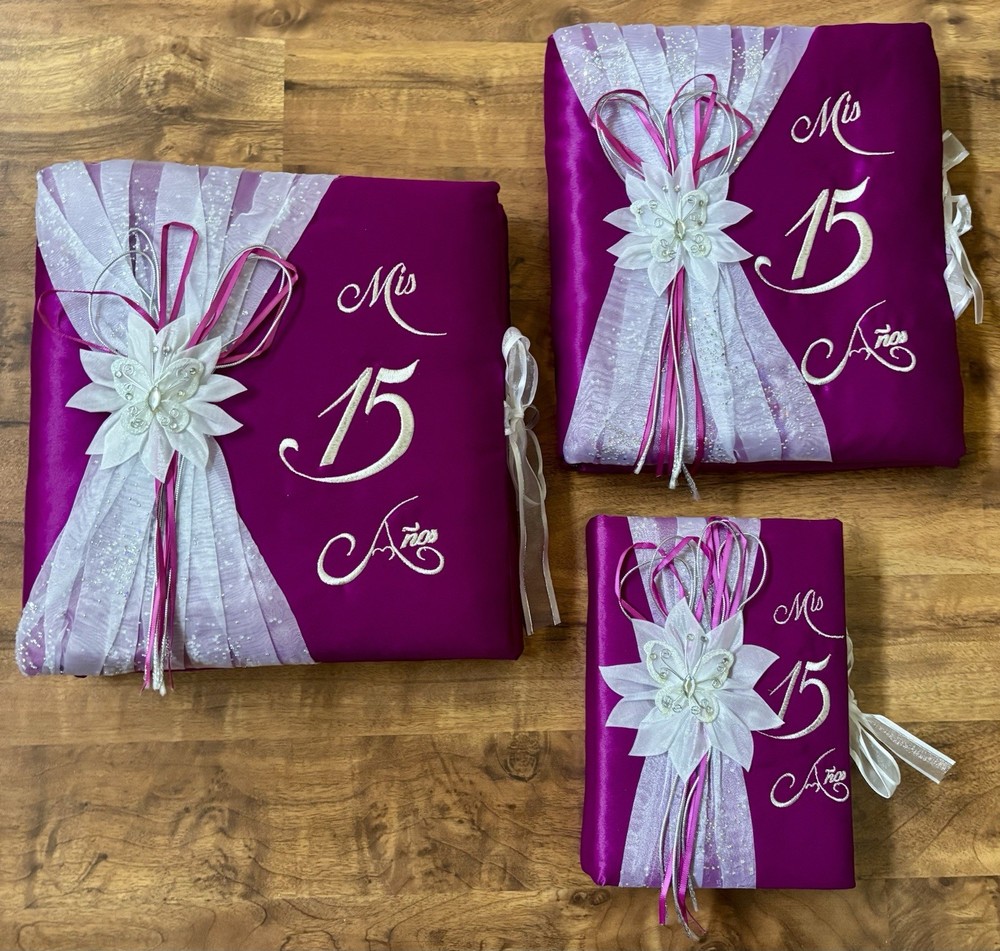 New 3pc Deep Purple Silver Quinceanera Ceremony Set Bible Photo Album Guest Book