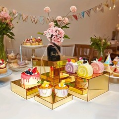 Golden Acrylic Cake Stand Set–Modular Dessert Box for Birthday, Wedding, Party