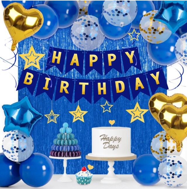 MCPINKY Birthday Party Decorations Dark Blue Gold Happy Birthday Banner Confe…