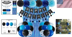 Blue Black Birthday Decorations Banner Balloons Pom Poms Foil Curtain Party S…