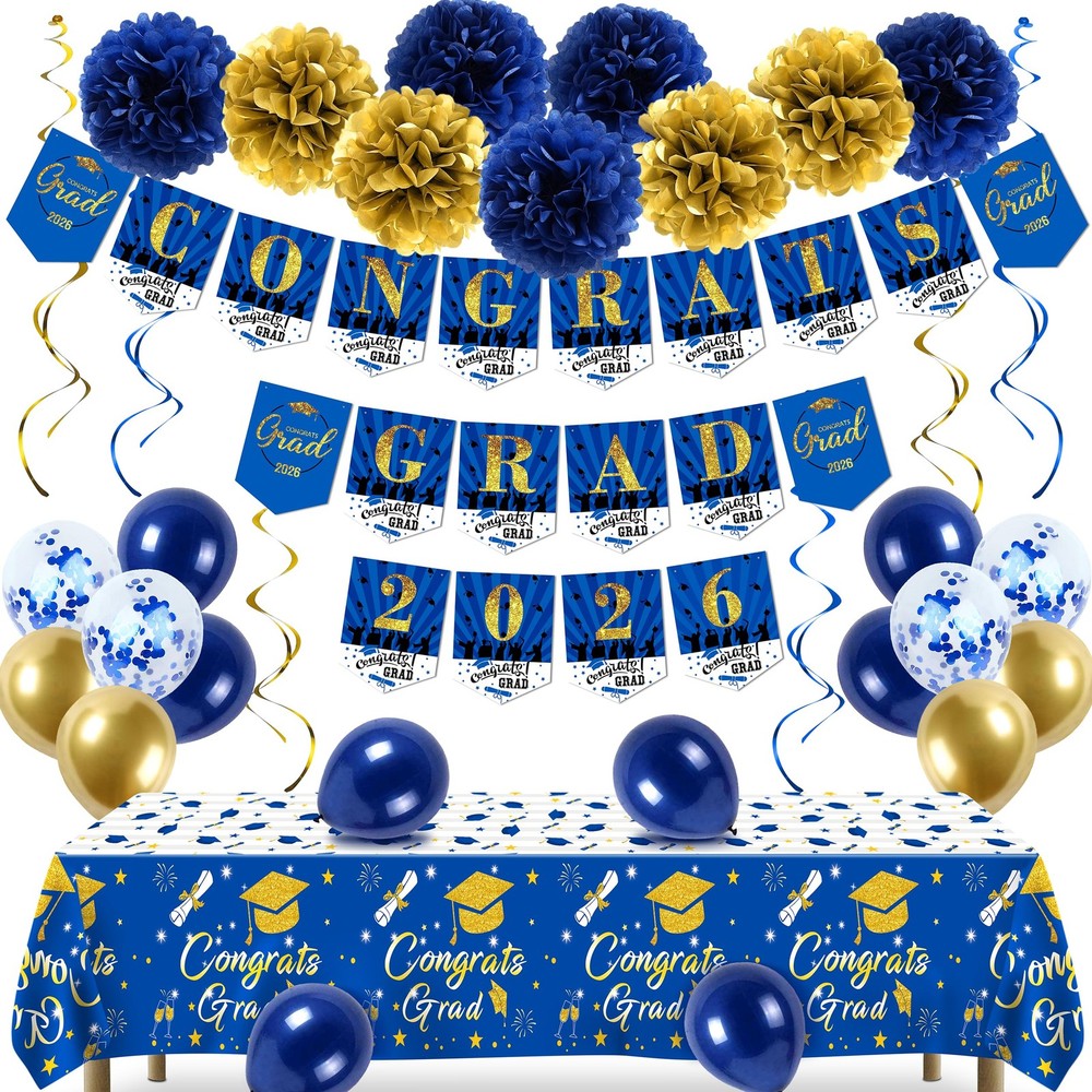 Graduation Decorations 2026 Navy Blue and Gold Grad Party Decorations Includi…