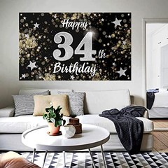 Happy 34th Birthday Decorations,34th Black & Silver Dream Star Large Birthday