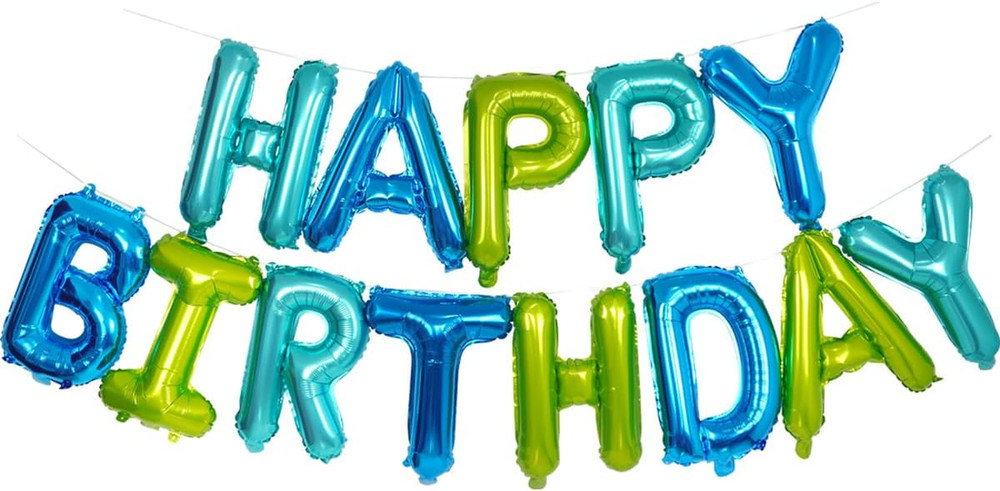 Blue and Green Happy Birthday Balloon Banner, 16 Inch 3D Aluminum Foil Bday Sign