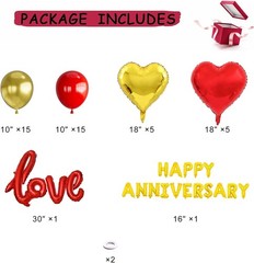 Romantic Anniversary Decorations with Red Hearts, Balloons & Silk Rose Petals