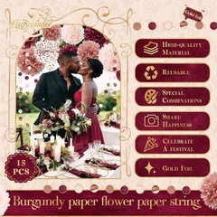 Bachelorette Party Decorations – 15Pcs Burgundy Rose Gold Tissue Pom Poms Cir…