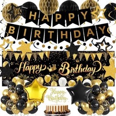 Gold Black Birthday Decorations, Happy Birthday Banner, Backdrop, Balloons, H…