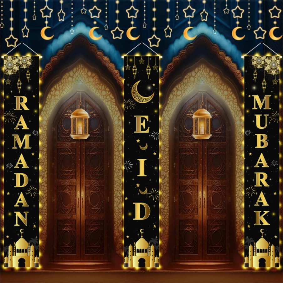 3pcs Ramadan Mubarak Banner Ramadan Mubarak Porch Sign Banner Eid Decorations…