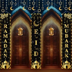3pcs Ramadan Mubarak Banner Ramadan Mubarak Porch Sign Banner Eid Decorations…
