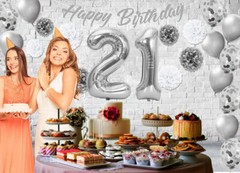 Silver & White 21st Birthday Decorations – 40″ Number Balloons &More-Boy or Girl