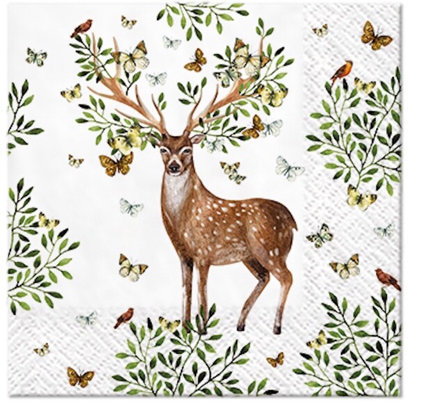 Spring Cocktail Napkins 20 pcs FOREST ANTLERS Butterflies Birds