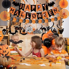 Happy Halloween Banner Kit with Eco-Friendly Paper Fans & Balloons for Parties