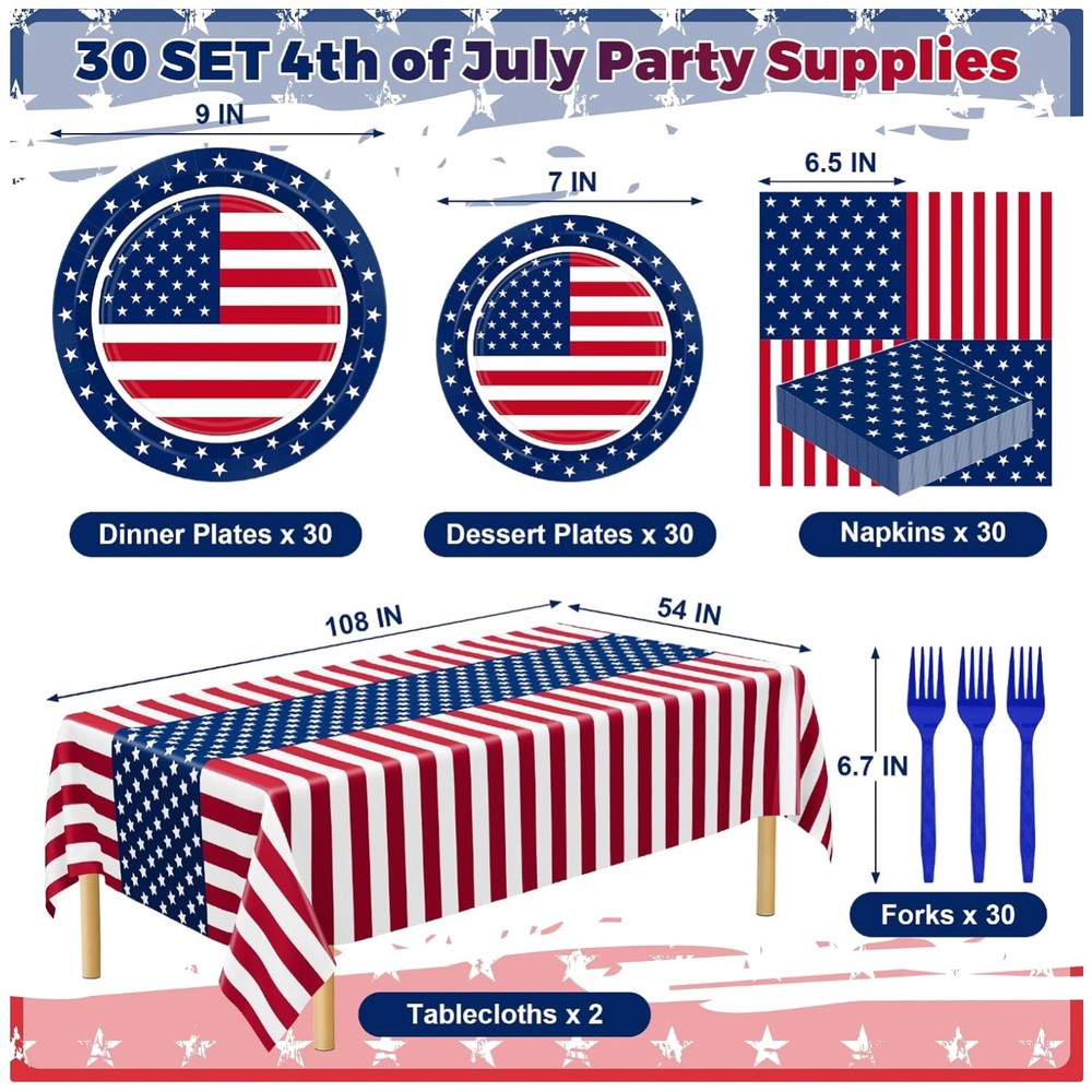 30 Sets 9″ & 7″ Plates, Napkins, Forks – July 4th Disposable